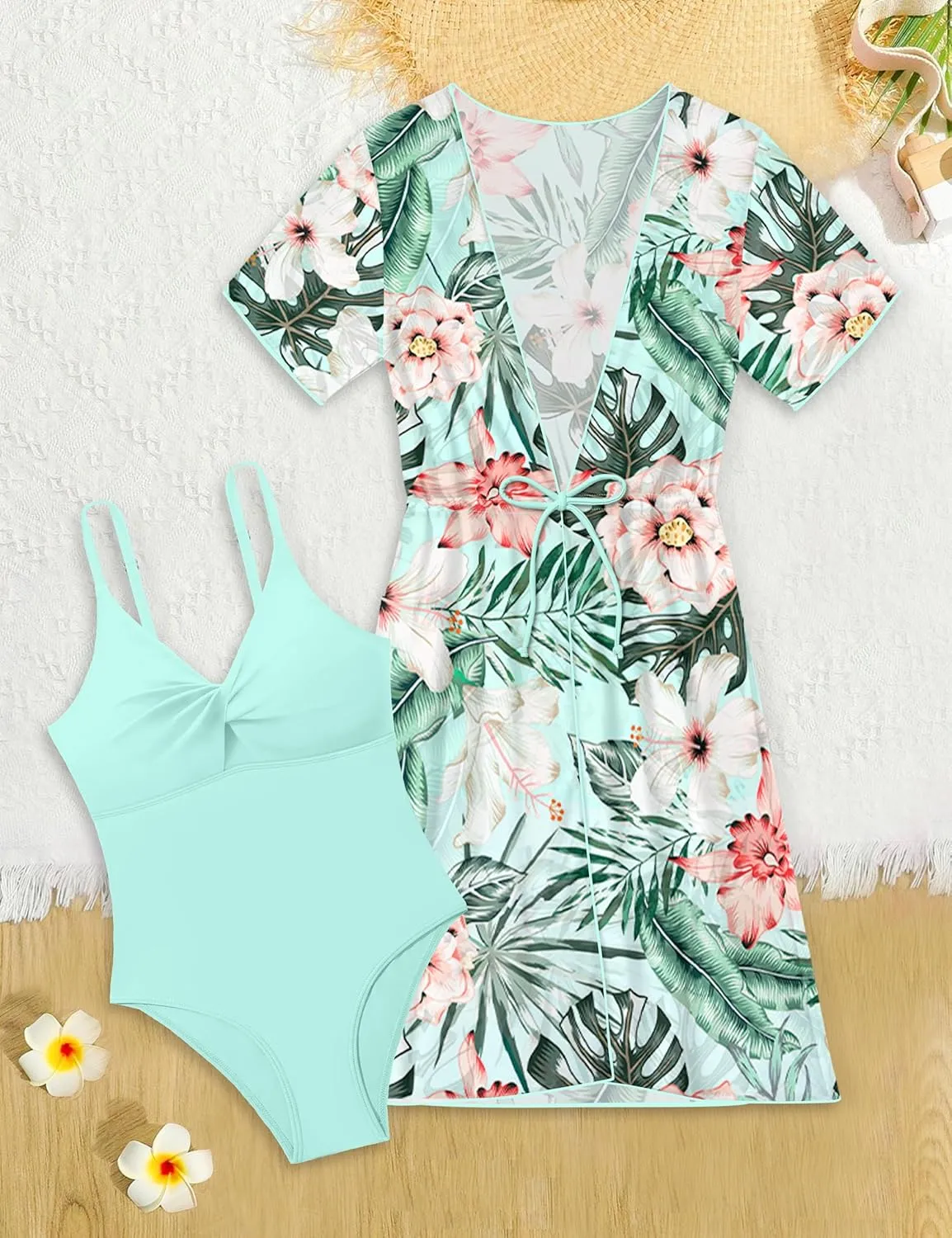 KANGKANG Girls Swimsuit, Solid Color Girl One Piece Swimsuits with Tropical Print Drawstring Cover Up Bathing Suits Set 9-16Y