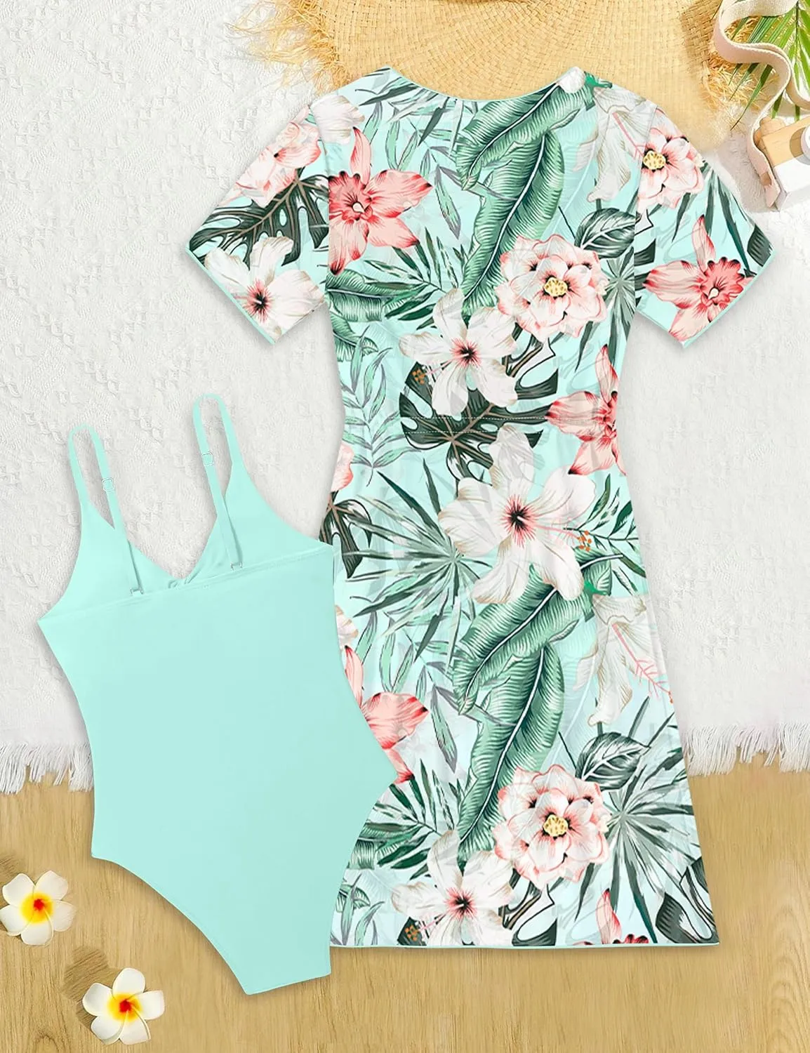 KANGKANG Girls Swimsuit, Solid Color Girl One Piece Swimsuits with Tropical Print Drawstring Cover Up Bathing Suits Set 9-16Y