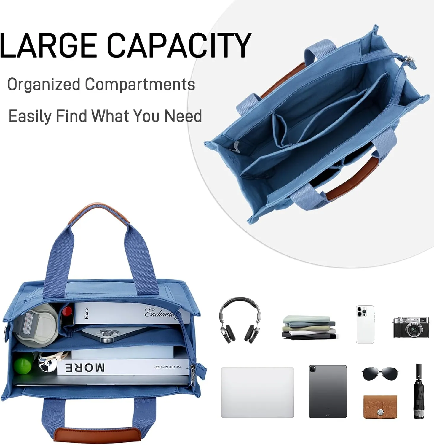 KKXIU Large Canvas Tote Bag for Women with Zipper and Compartments Crossbody Work Bible Messenger Purse Bag With Pockets