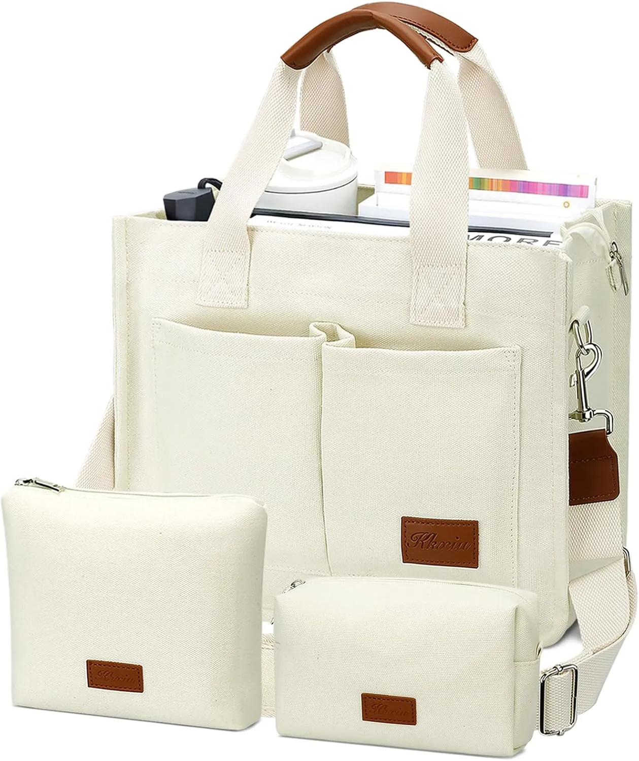 KKXIU Large Canvas Tote Bag for Women with Zipper and Compartments Crossbody Work Bible Messenger Purse Bag With Pockets