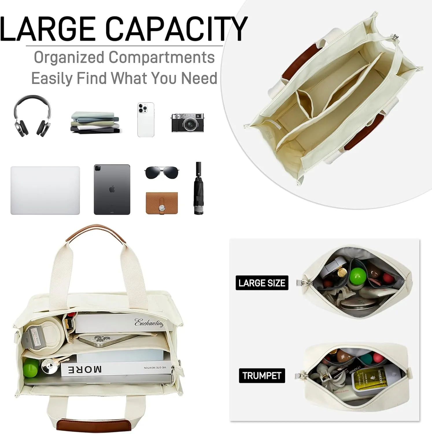 KKXIU Large Canvas Tote Bag for Women with Zipper and Compartments Crossbody Work Bible Messenger Purse Bag With Pockets