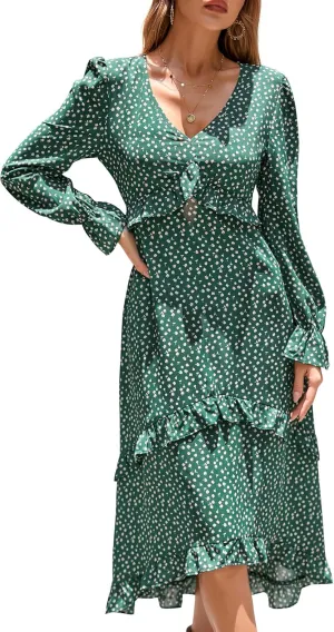 KOJOOIN Women's Casual Sleeve V Neck Boho Floral Print Ruffle Midi Fall Flowy Long Dress