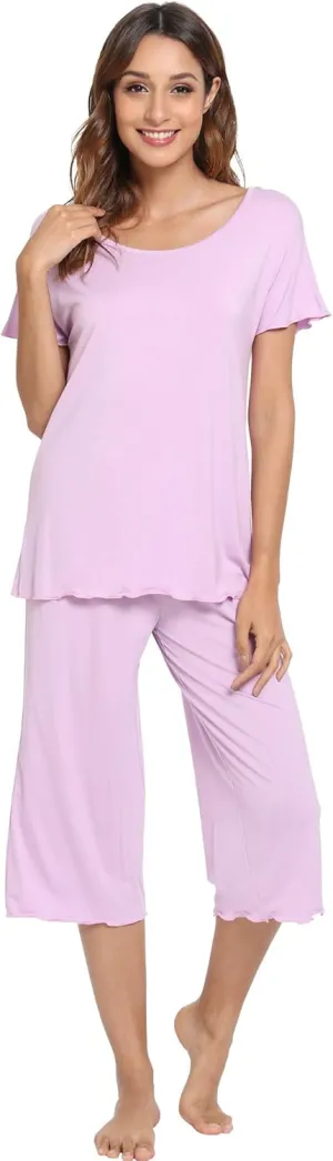LazyCozy Womens Pajama Sets Viscose from Bamboo Pj Set Short Sleeve Top with Capri Pants Sleepwear 2 Piece Lounge Set