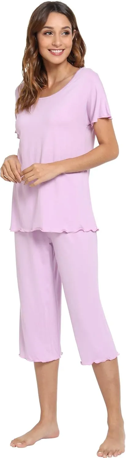 LazyCozy Womens Pajama Sets Viscose from Bamboo Pj Set Short Sleeve Top with Capri Pants Sleepwear 2 Piece Lounge Set