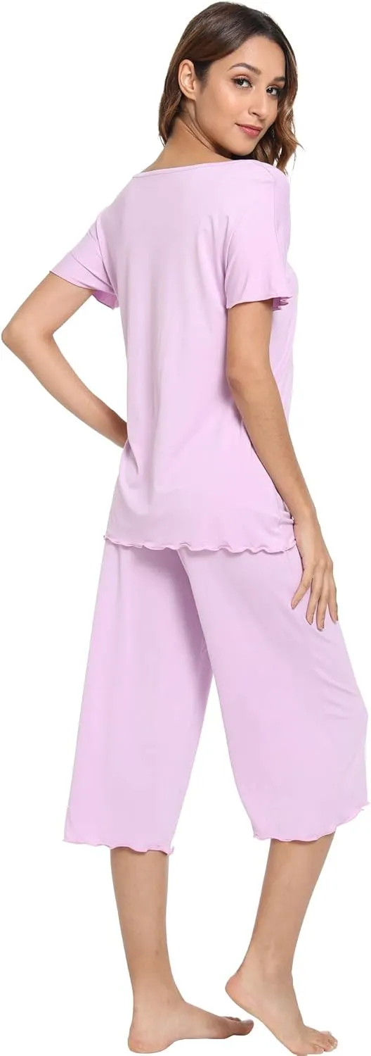LazyCozy Womens Pajama Sets Viscose from Bamboo Pj Set Short Sleeve Top with Capri Pants Sleepwear 2 Piece Lounge Set