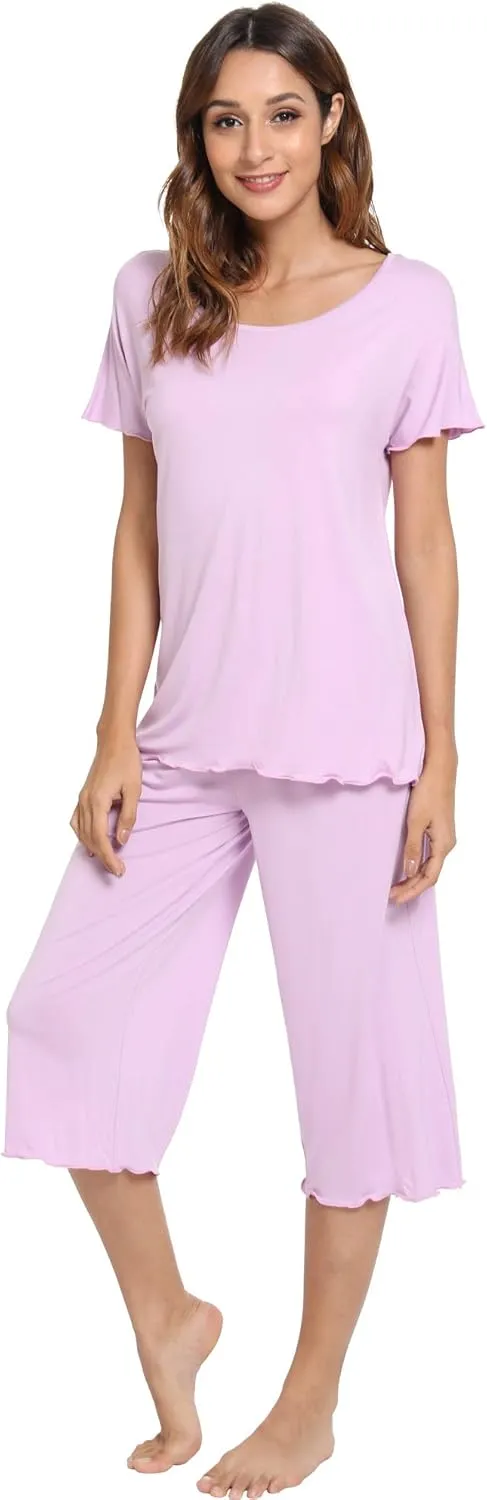 LazyCozy Womens Pajama Sets Viscose from Bamboo Pj Set Short Sleeve Top with Capri Pants Sleepwear 2 Piece Lounge Set