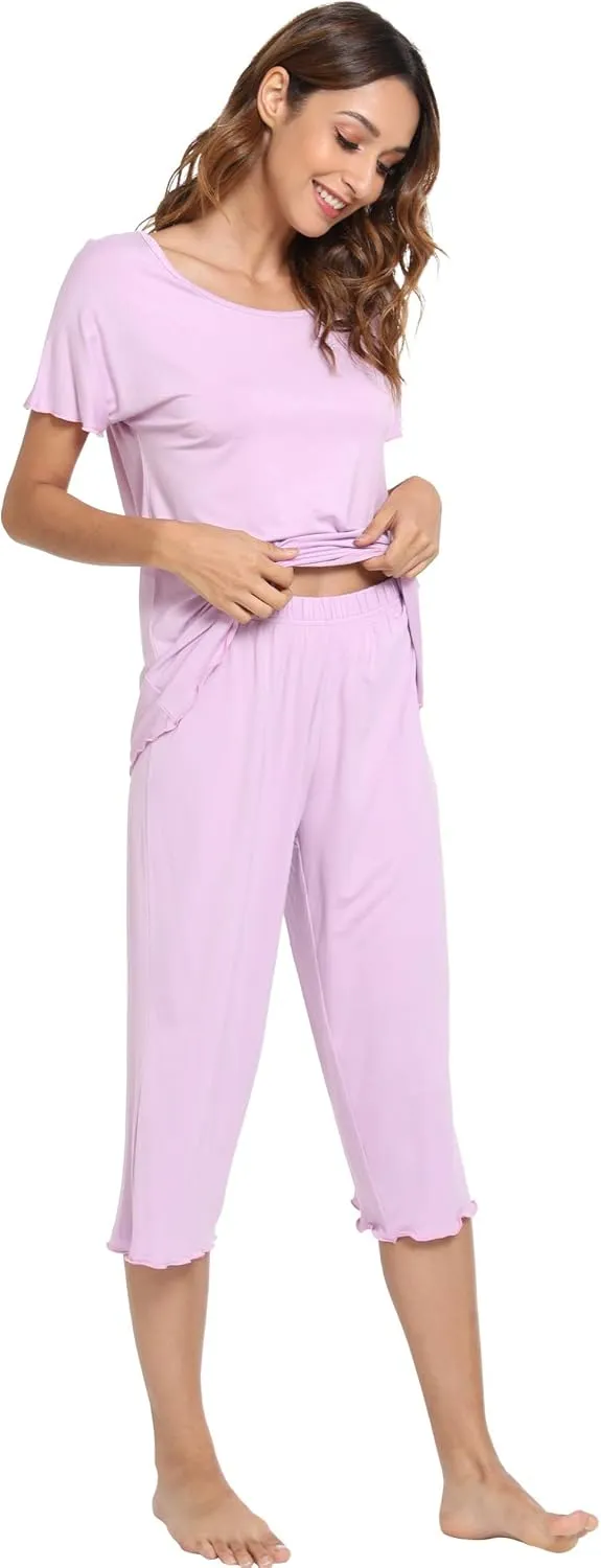 LazyCozy Womens Pajama Sets Viscose from Bamboo Pj Set Short Sleeve Top with Capri Pants Sleepwear 2 Piece Lounge Set