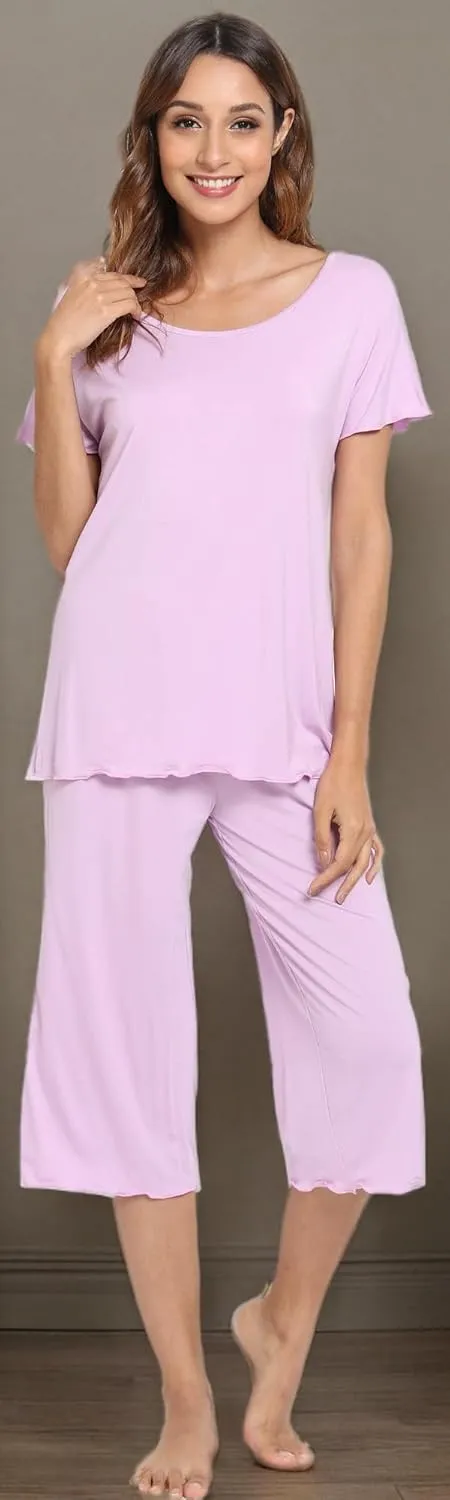 LazyCozy Womens Pajama Sets Viscose from Bamboo Pj Set Short Sleeve Top with Capri Pants Sleepwear 2 Piece Lounge Set