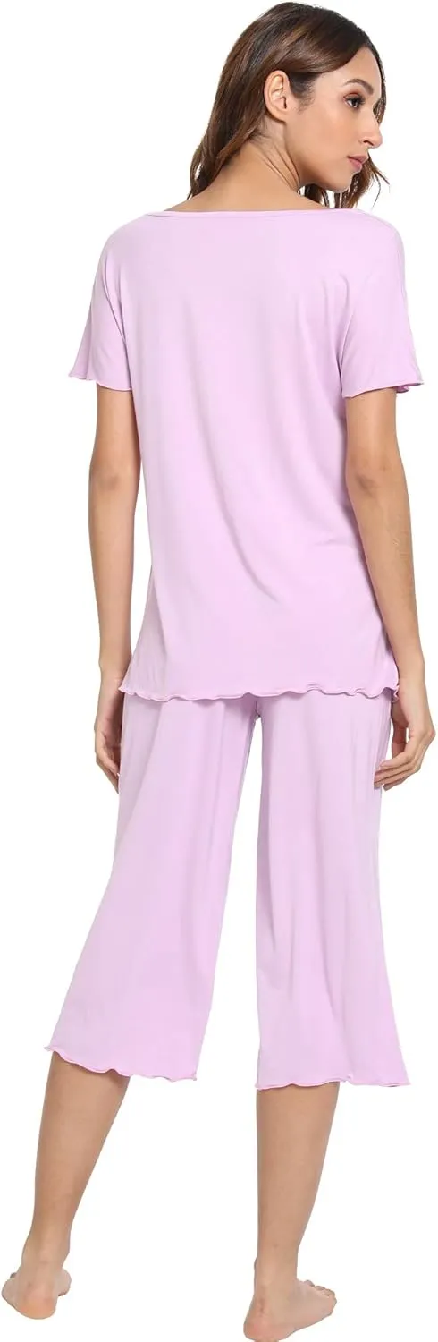 LazyCozy Womens Pajama Sets Viscose from Bamboo Pj Set Short Sleeve Top with Capri Pants Sleepwear 2 Piece Lounge Set