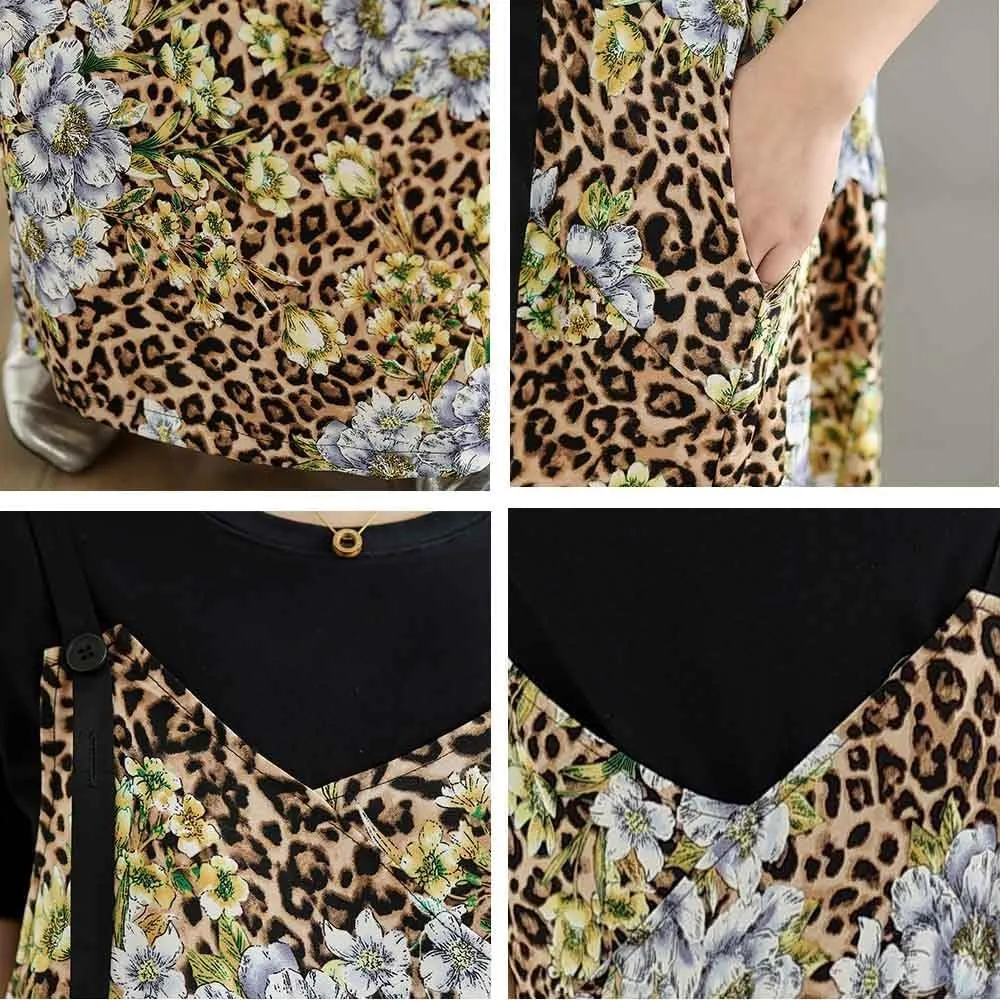 Leopard print slimming jumpsuit, loose casual and age reducing overalls, wide leg pants, camisole skirt