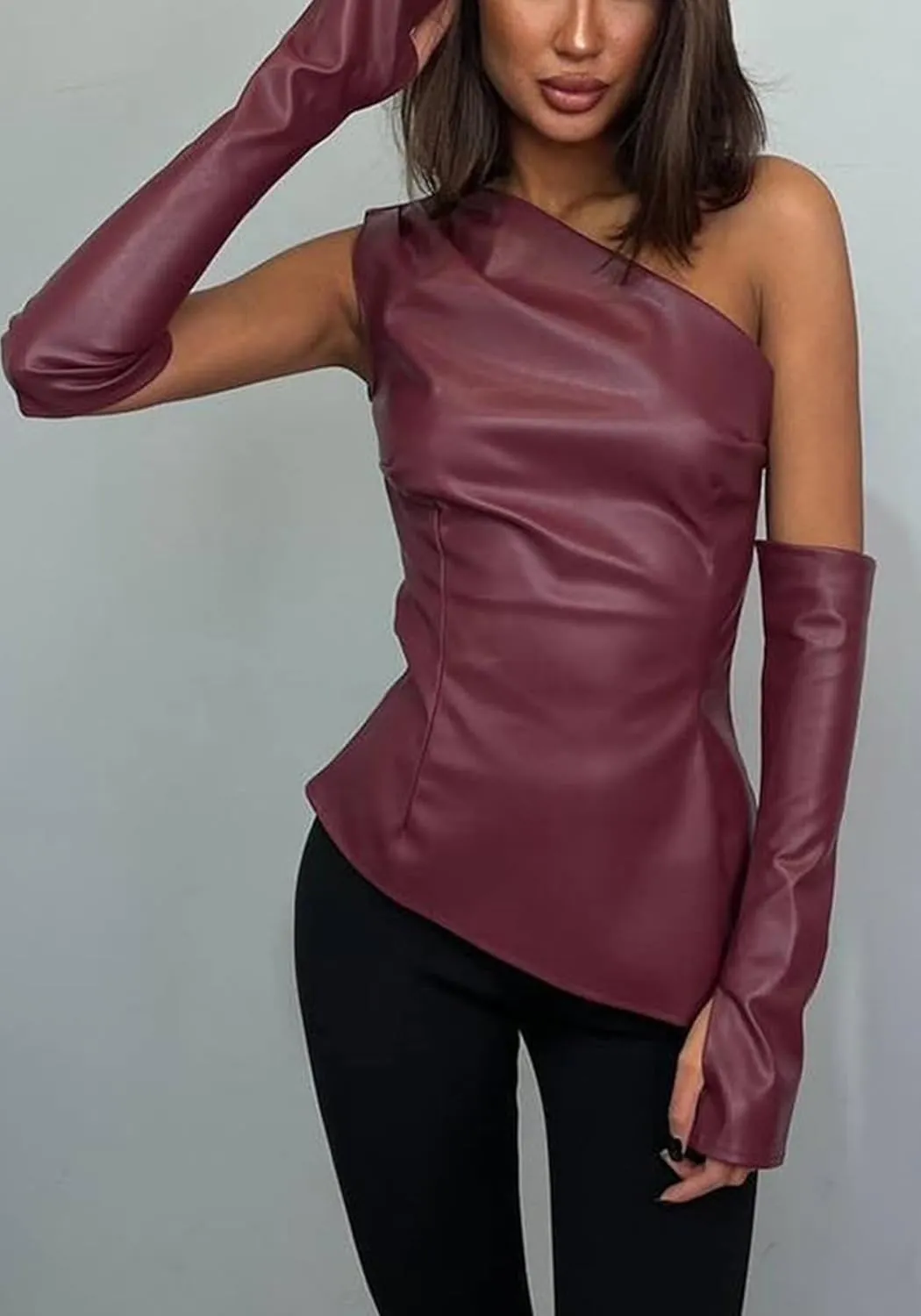 LETSVDO Women's One Shoulder Faux Leather Top Asymmetrical Ruched Y2k Sexy Going Out Tank Tops Shirts with Gloves