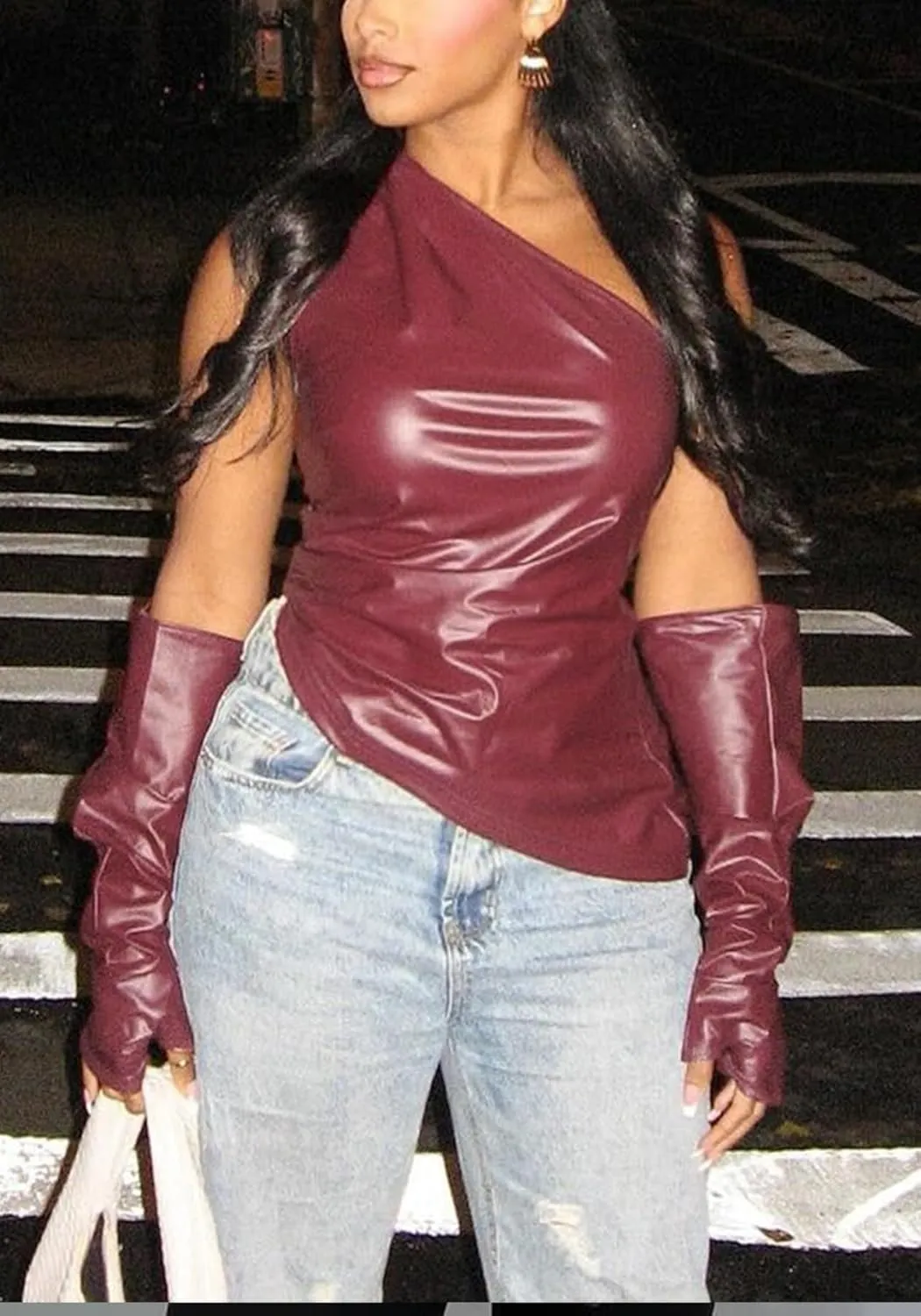 LETSVDO Women's One Shoulder Faux Leather Top Asymmetrical Ruched Y2k Sexy Going Out Tank Tops Shirts with Gloves