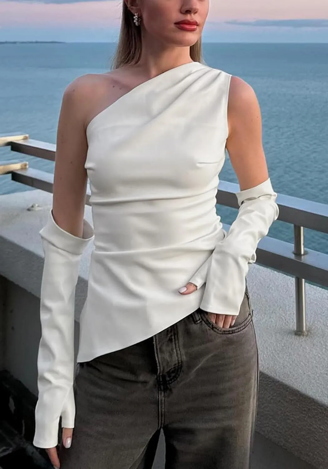 LETSVDO Women's One Shoulder Faux Leather Top Asymmetrical Ruched Y2k Sexy Going Out Tank Tops Shirts with Gloves