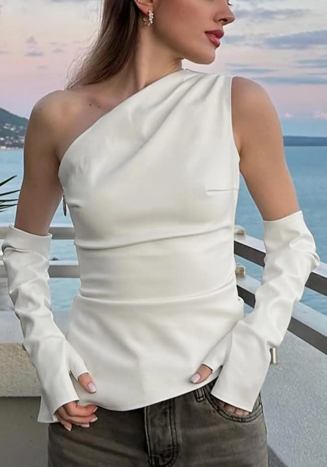 LETSVDO Women's One Shoulder Faux Leather Top Asymmetrical Ruched Y2k Sexy Going Out Tank Tops Shirts with Gloves