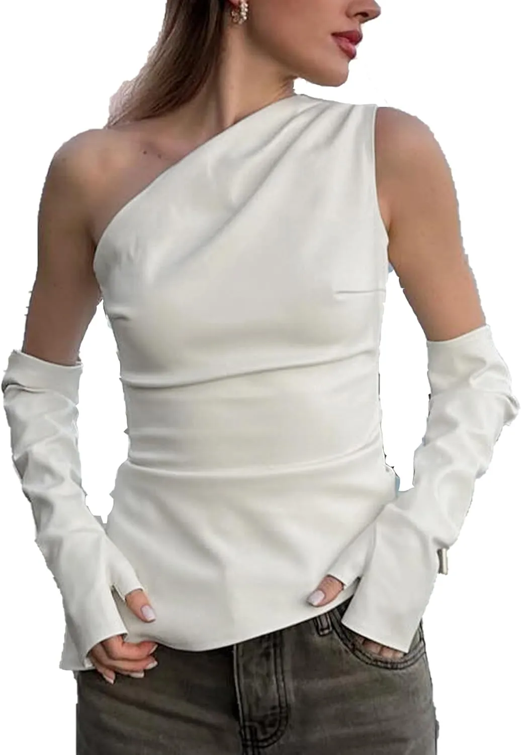 LETSVDO Women's One Shoulder Faux Leather Top Asymmetrical Ruched Y2k Sexy Going Out Tank Tops Shirts with Gloves