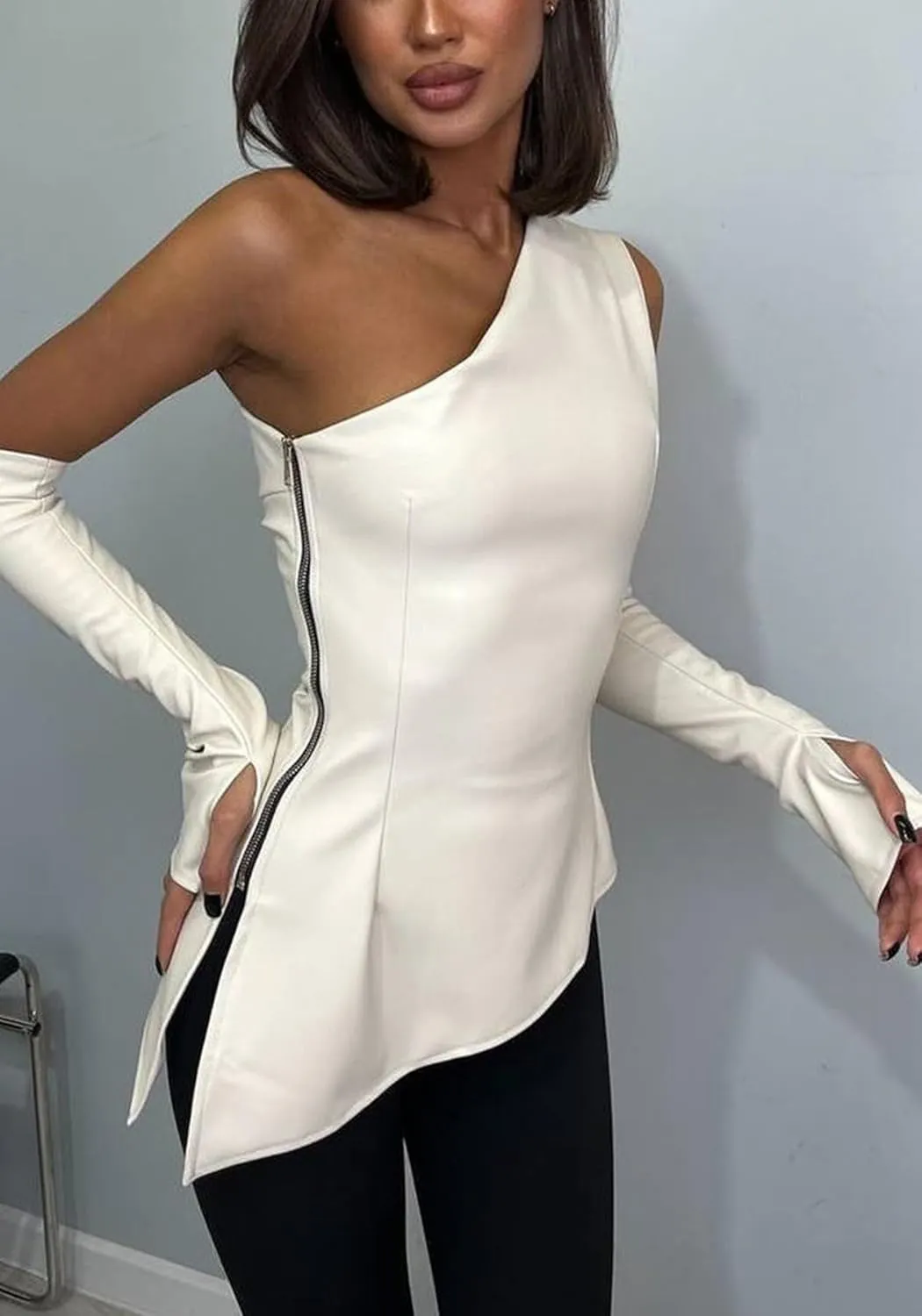 LETSVDO Women's One Shoulder Faux Leather Top Asymmetrical Ruched Y2k Sexy Going Out Tank Tops Shirts with Gloves