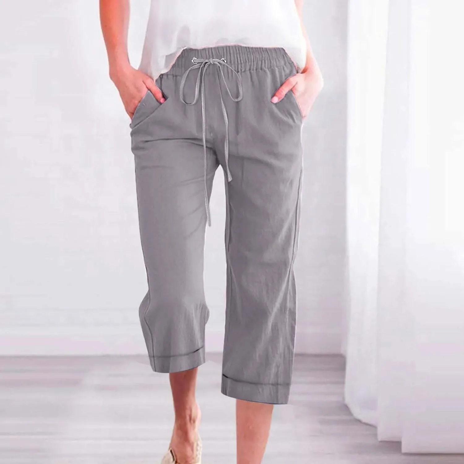 Linen Capri Pants for Women Cotton Casual Summer Capris High Waist Wide Leg Loose Drawstring Elastic Cropped Trousers