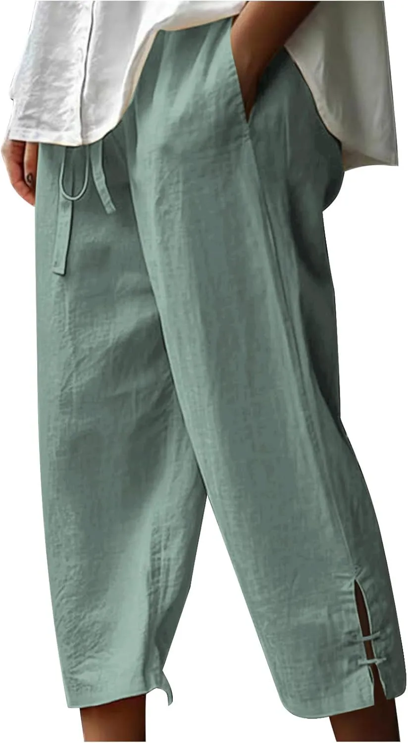 Linen Capri Pants Women Summer 2025 Drawstring High Waist Lounge Pant Wide Leg Beach Resort Wear Cropped Trousers