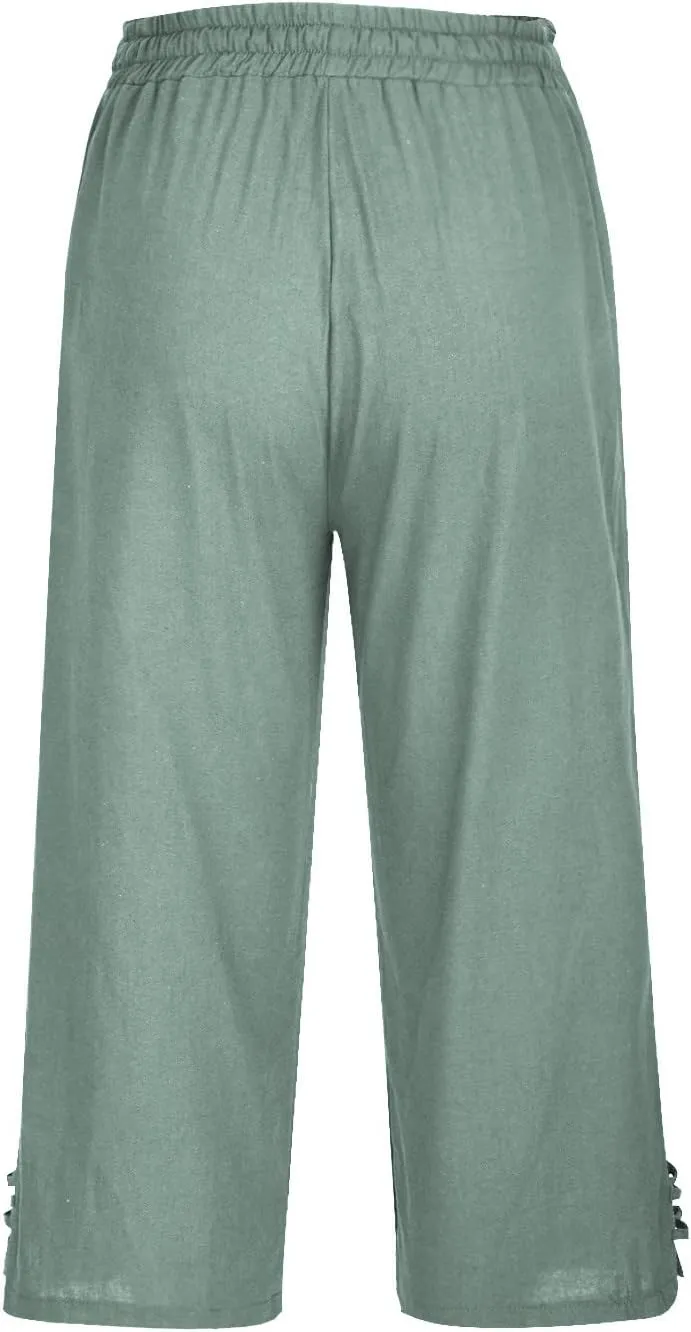 Linen Capri Pants Women Summer 2025 Drawstring High Waist Lounge Pant Wide Leg Beach Resort Wear Cropped Trousers