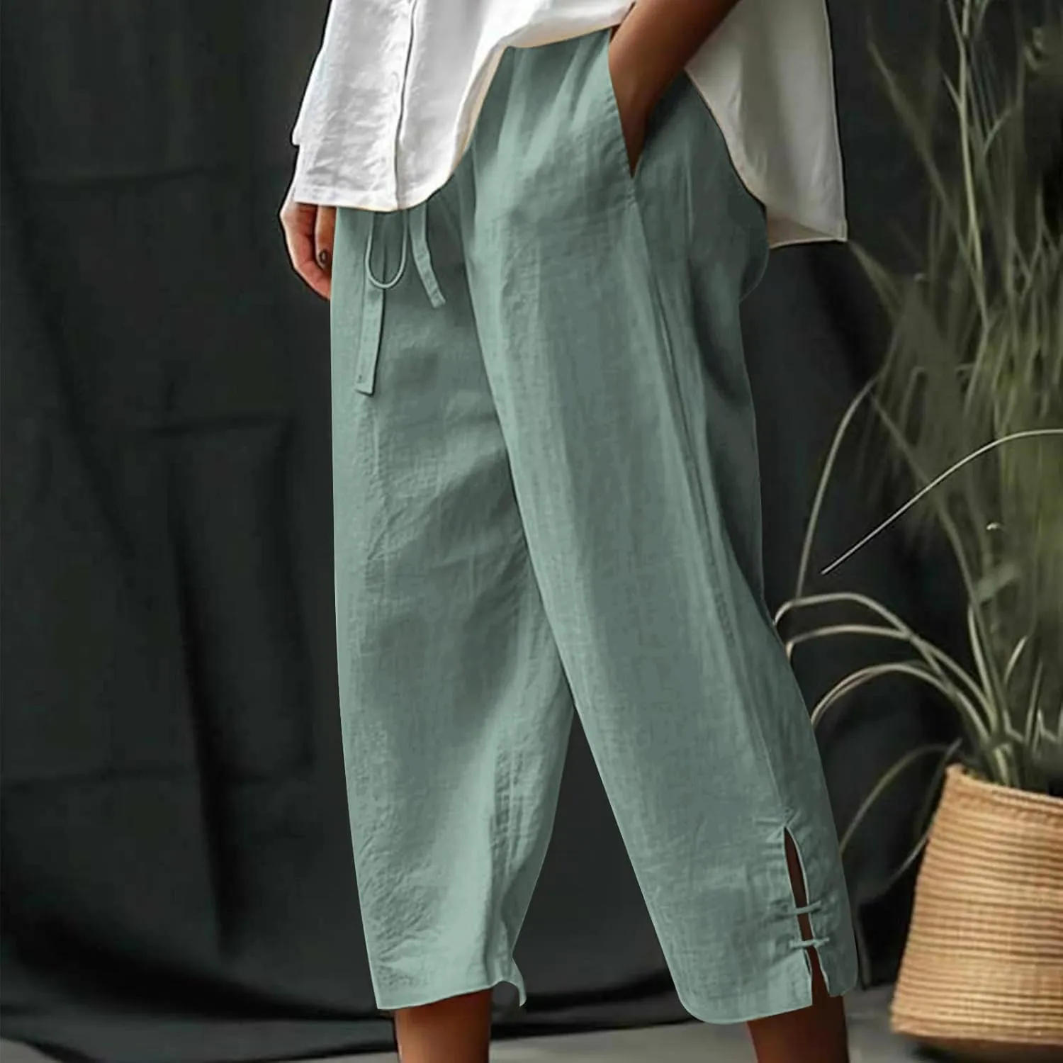 Linen Capri Pants Women Summer 2025 Drawstring High Waist Lounge Pant Wide Leg Beach Resort Wear Cropped Trousers