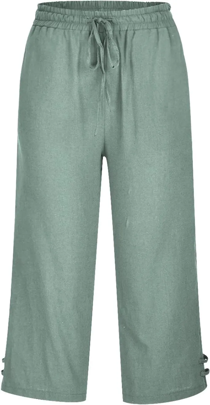 Linen Capri Pants Women Summer 2025 Drawstring High Waist Lounge Pant Wide Leg Beach Resort Wear Cropped Trousers
