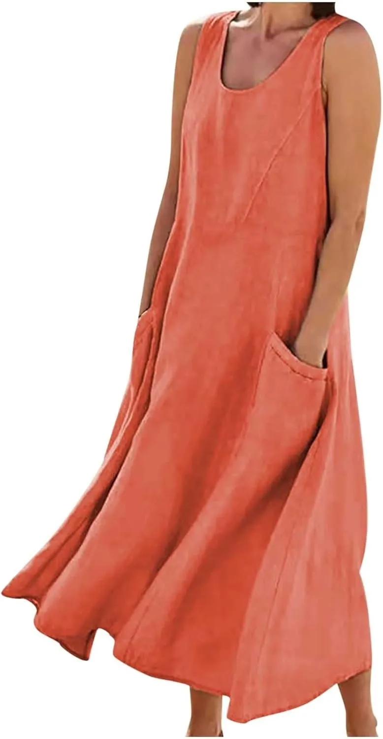 Linen Dresses for Women 2025 Summer Casual Sleeveless Sundress Loose Flowy Beach Vacation Midi Dress with Pockets
