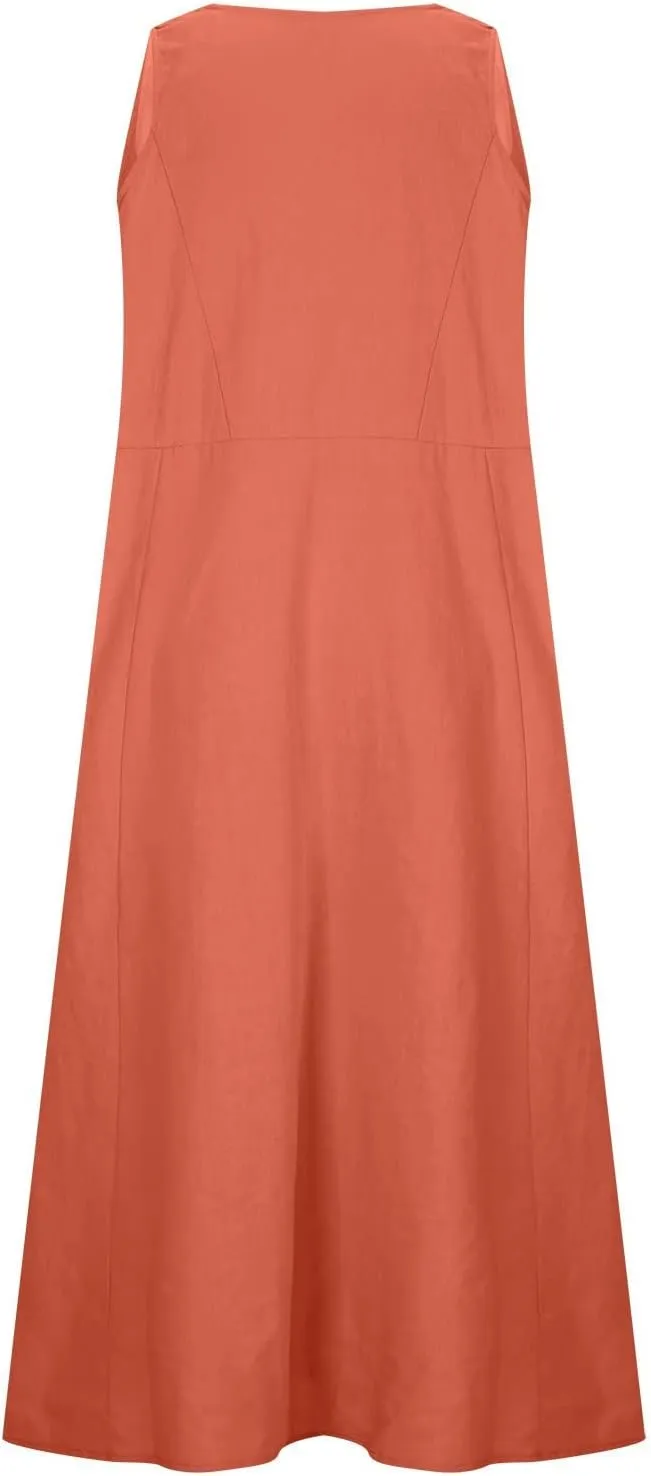 Linen Dresses for Women 2025 Summer Casual Sleeveless Sundress Loose Flowy Beach Vacation Midi Dress with Pockets