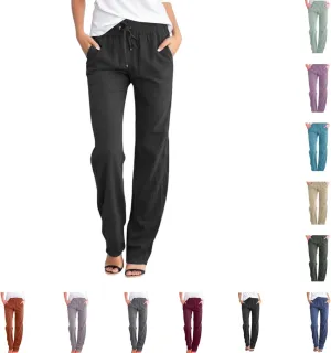 Linen Pants for Women 2025 Cotton Casual Summer Drawstring High Waist Lightweight Straight Leg Trousers with Pockets