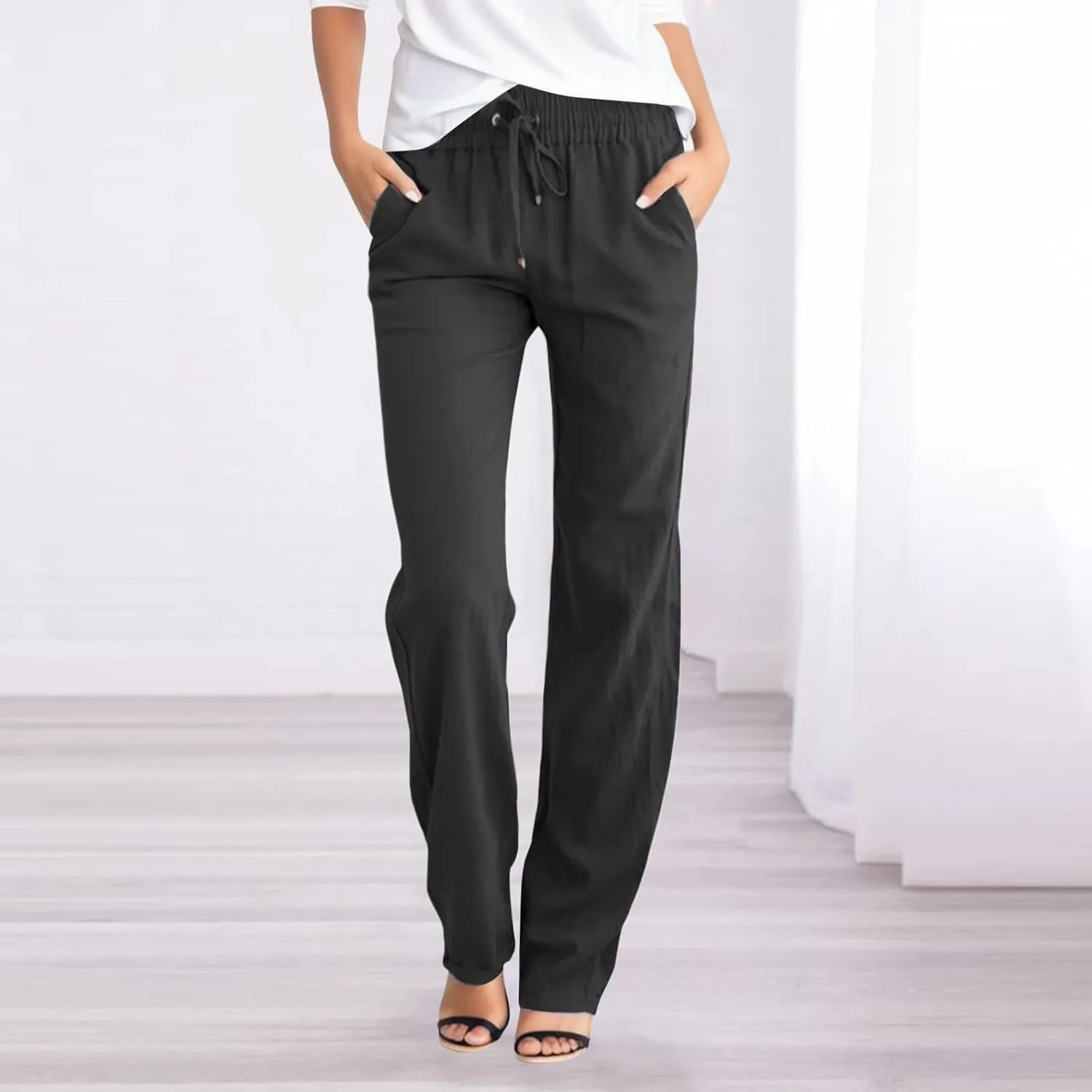 Linen Pants for Women 2025 Cotton Casual Summer Drawstring High Waist Lightweight Straight Leg Trousers with Pockets