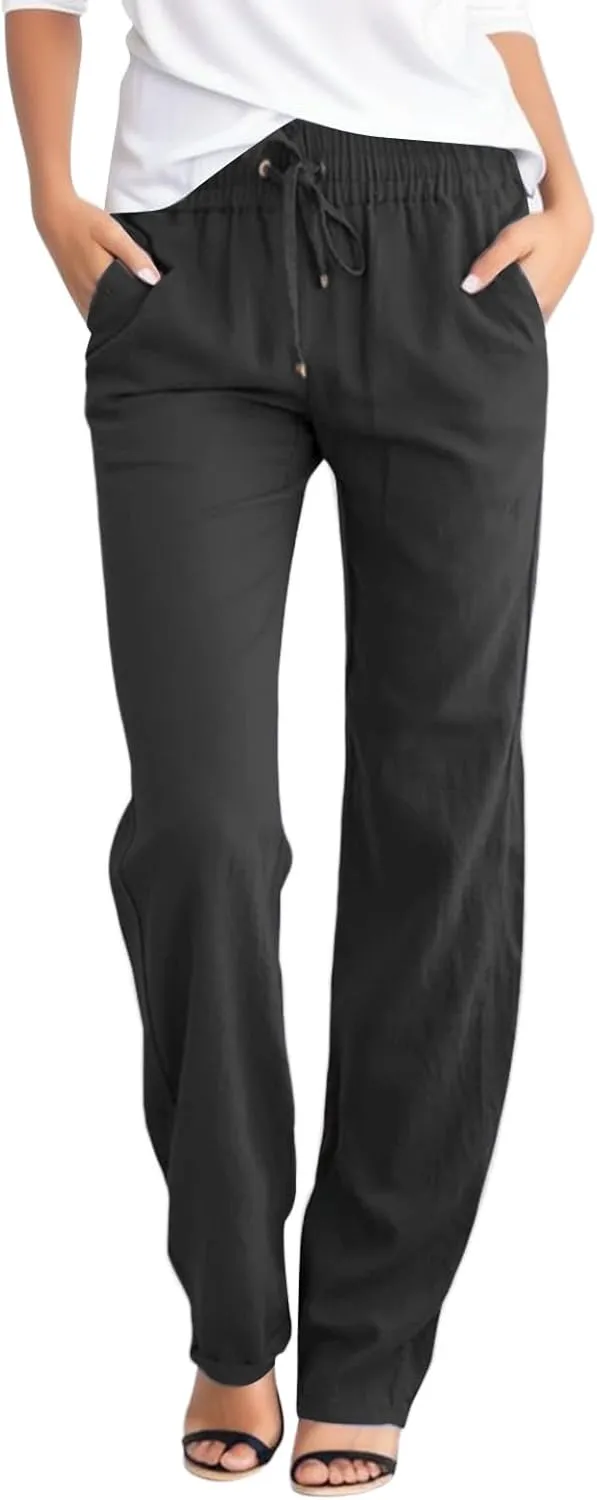 Linen Pants for Women 2025 Cotton Casual Summer Drawstring High Waist Lightweight Straight Leg Trousers with Pockets
