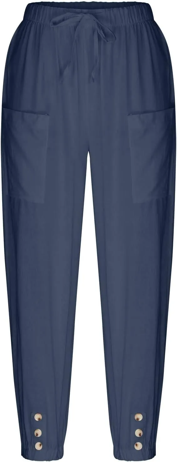 Linen Pants for Women Summer Elastic High Waist Lounge Pant Wide Leg Cropped Trousers Pocketed Beach Vacation Wear