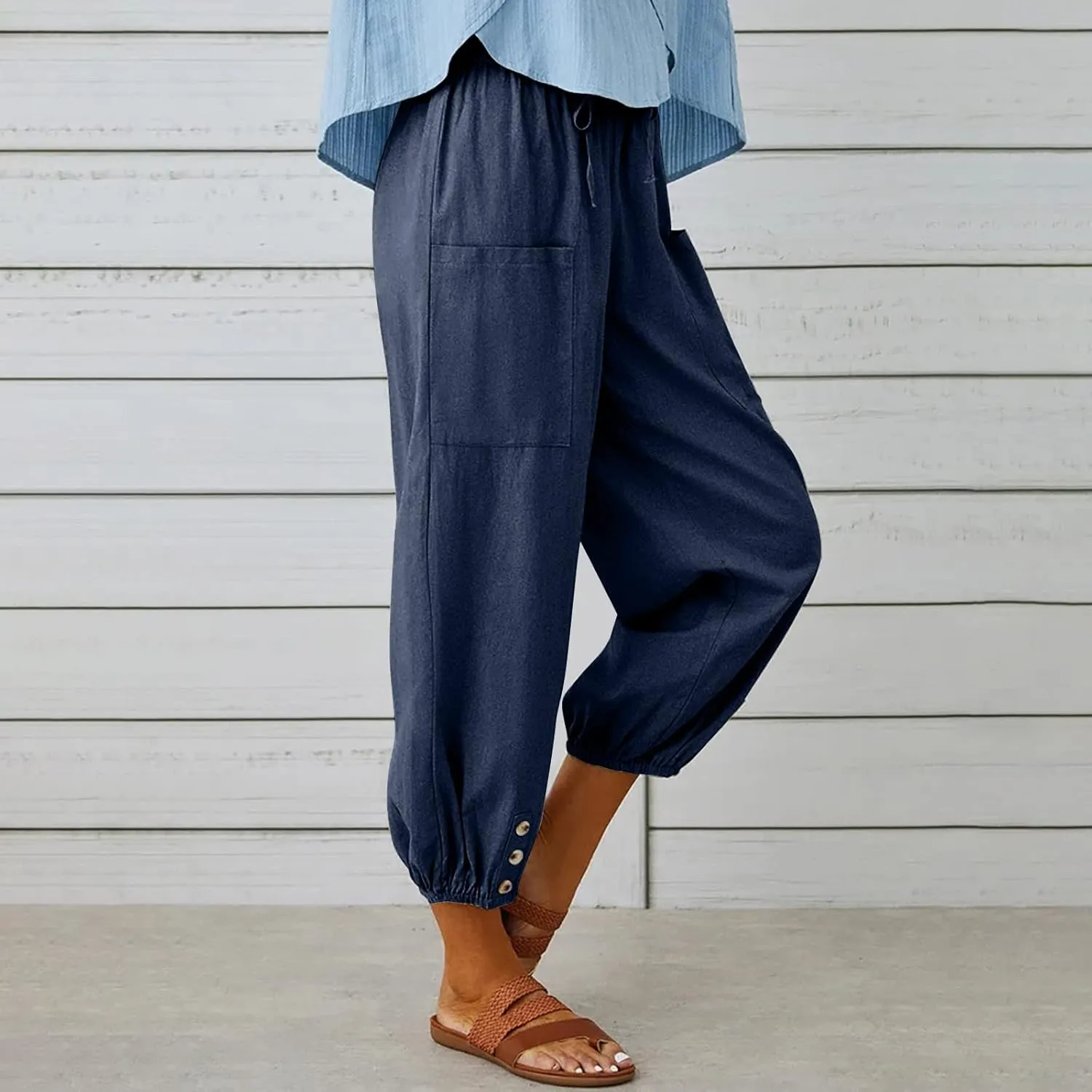 Linen Pants for Women Summer Elastic High Waist Lounge Pant Wide Leg Cropped Trousers Pocketed Beach Vacation Wear