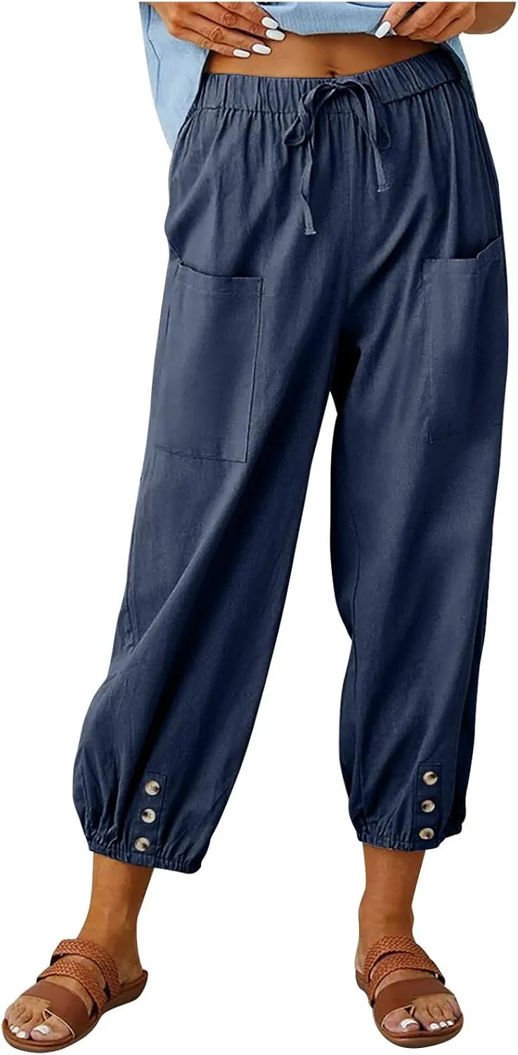 Linen Pants for Women Summer Elastic High Waist Lounge Pant Wide Leg Cropped Trousers Pocketed Beach Vacation Wear