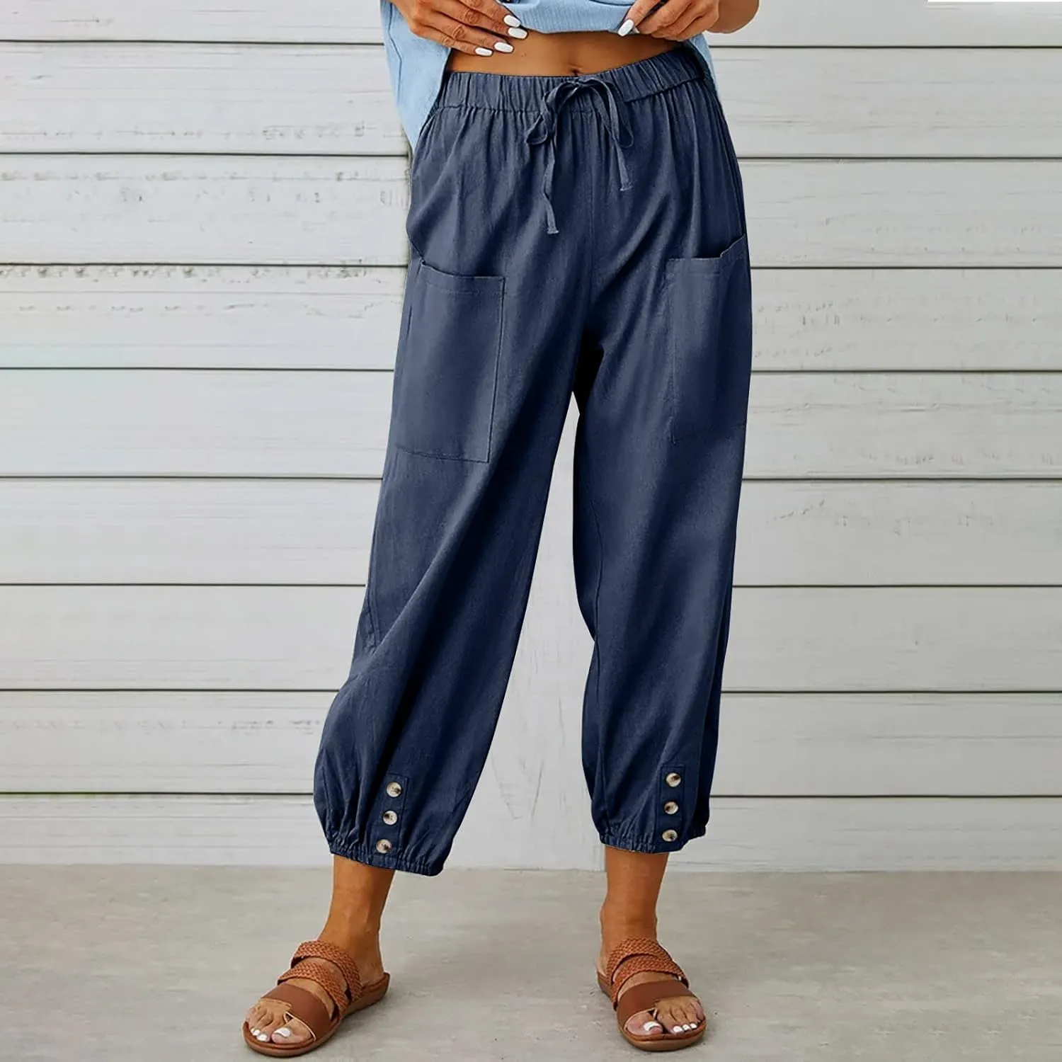 Linen Pants for Women Summer Elastic High Waist Lounge Pant Wide Leg Cropped Trousers Pocketed Beach Vacation Wear