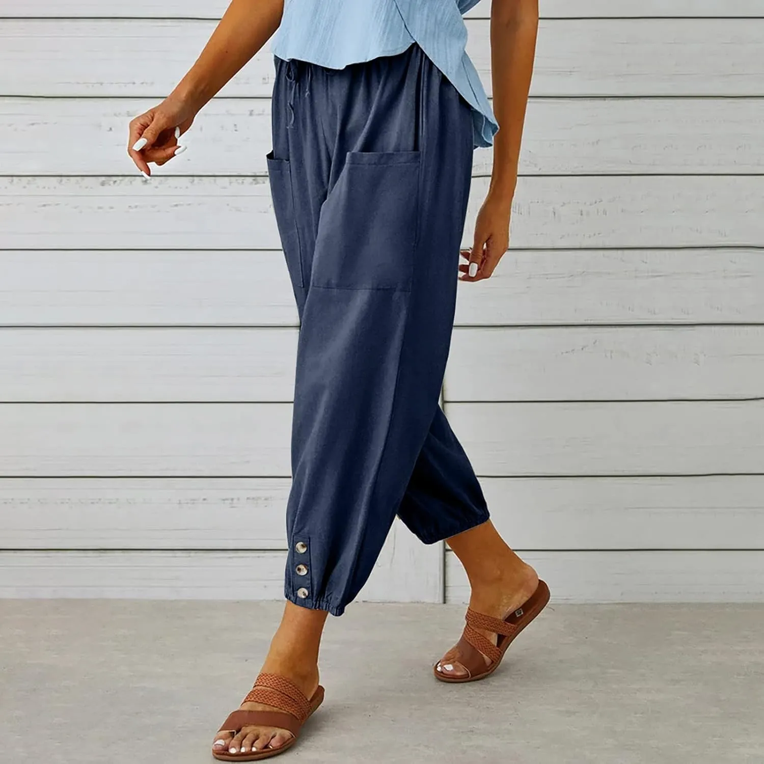 Linen Pants for Women Summer Elastic High Waist Lounge Pant Wide Leg Cropped Trousers Pocketed Beach Vacation Wear