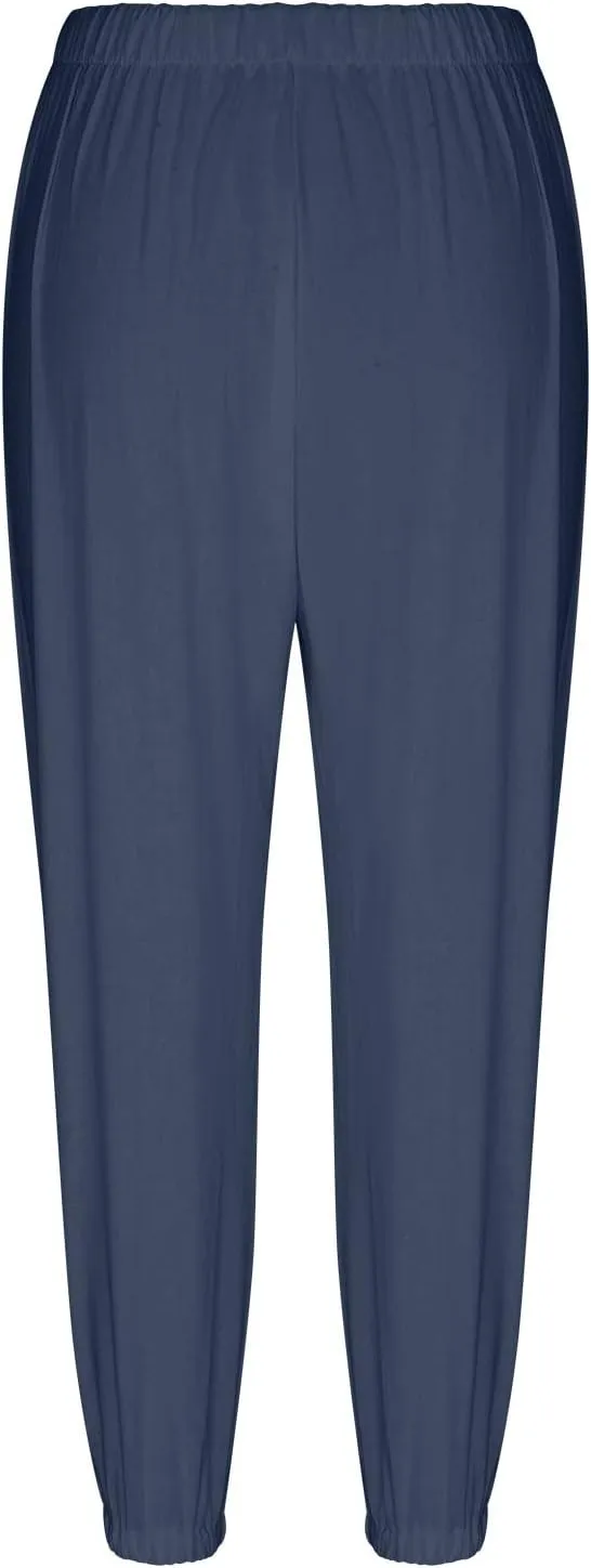 Linen Pants for Women Summer Elastic High Waist Lounge Pant Wide Leg Cropped Trousers Pocketed Beach Vacation Wear