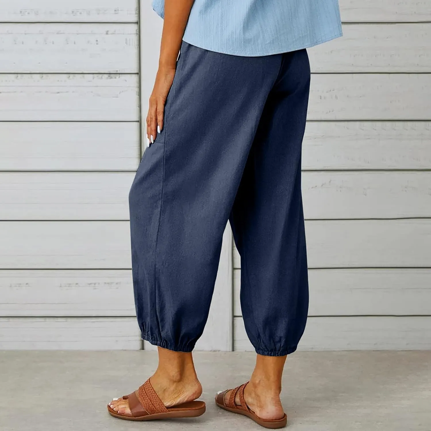 Linen Pants for Women Summer Elastic High Waist Lounge Pant Wide Leg Cropped Trousers Pocketed Beach Vacation Wear