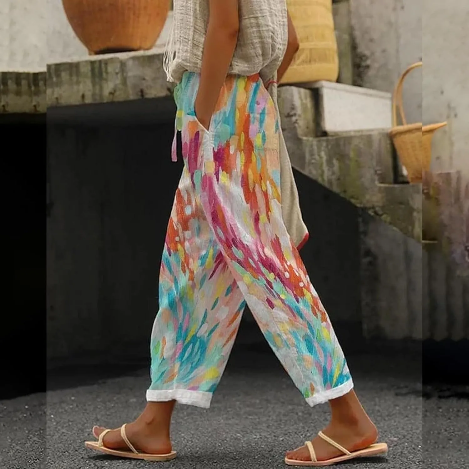 Linen Pants Women Summer Floral Solid Long Palazzo Pants High Waist Wide Leg Pant Trendy Lounge Beach Trousers with Pockets