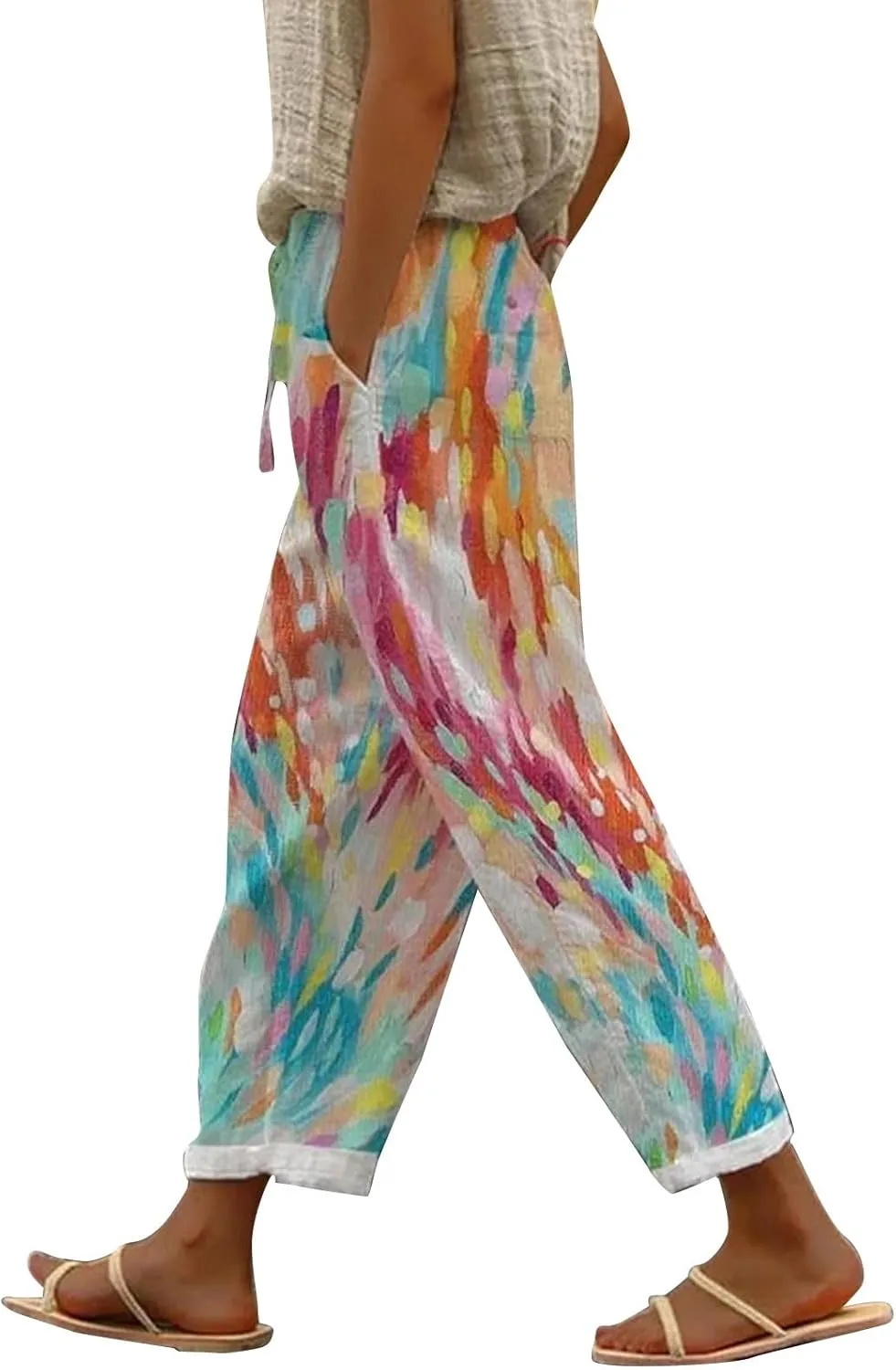 Linen Pants Women Summer Floral Solid Long Palazzo Pants High Waist Wide Leg Pant Trendy Lounge Beach Trousers with Pockets
