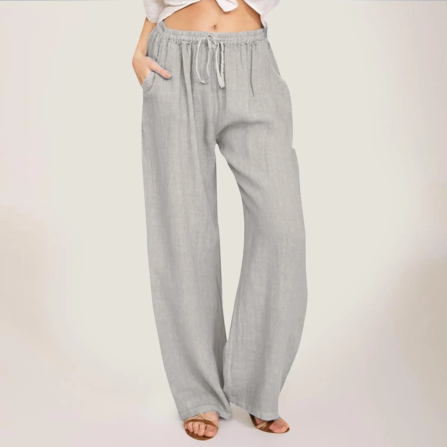 Linen Pants Women Summer High Waisted Drawstring Lounge Pants Wide Leg Beach Casual Trousers with Pockets