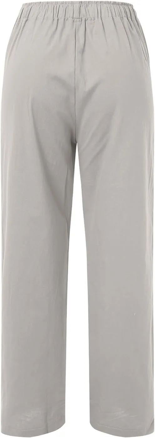 Linen Pants Women Summer High Waisted Drawstring Lounge Pants Wide Leg Beach Casual Trousers with Pockets