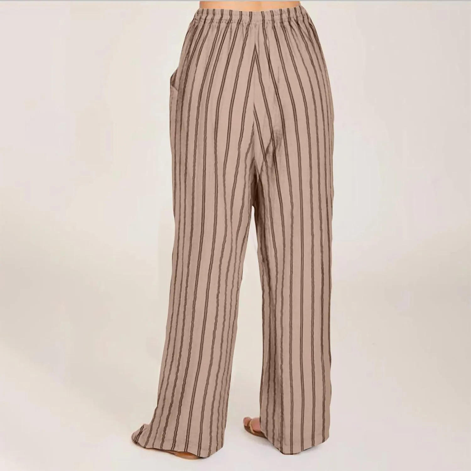 Linen Pants Women Summer Striped Wide Leg Pants Drawstring Elastic High Waisted Lounge Pants Casual Beach Trousers