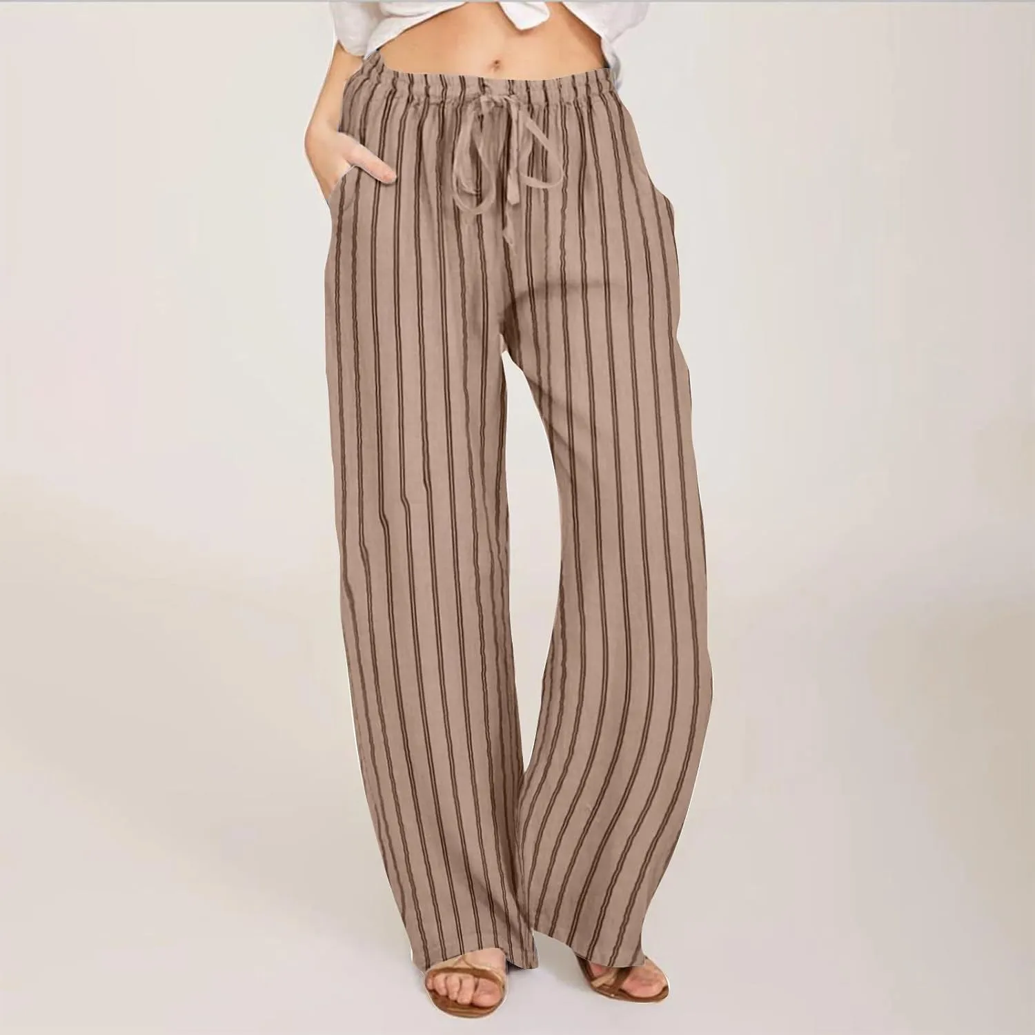 Linen Pants Women Summer Striped Wide Leg Pants Drawstring Elastic High Waisted Lounge Pants Casual Beach Trousers