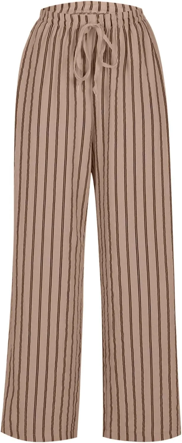 Linen Pants Women Summer Striped Wide Leg Pants Drawstring Elastic High Waisted Lounge Pants Casual Beach Trousers
