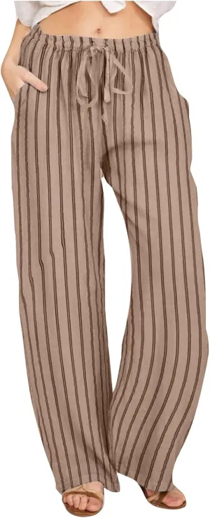 Linen Pants Women Summer Striped Wide Leg Pants Drawstring Elastic High Waisted Lounge Pants Casual Beach Trousers