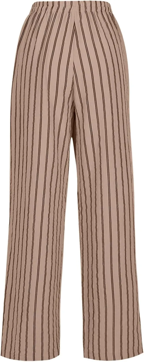 Linen Pants Women Summer Striped Wide Leg Pants Drawstring Elastic High Waisted Lounge Pants Casual Beach Trousers