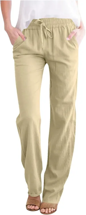 Linen Pants Womens High Waist Drawstring Pant with Pockets Summer Beach Vacation Long Slacks Wide Leg Long Trouser