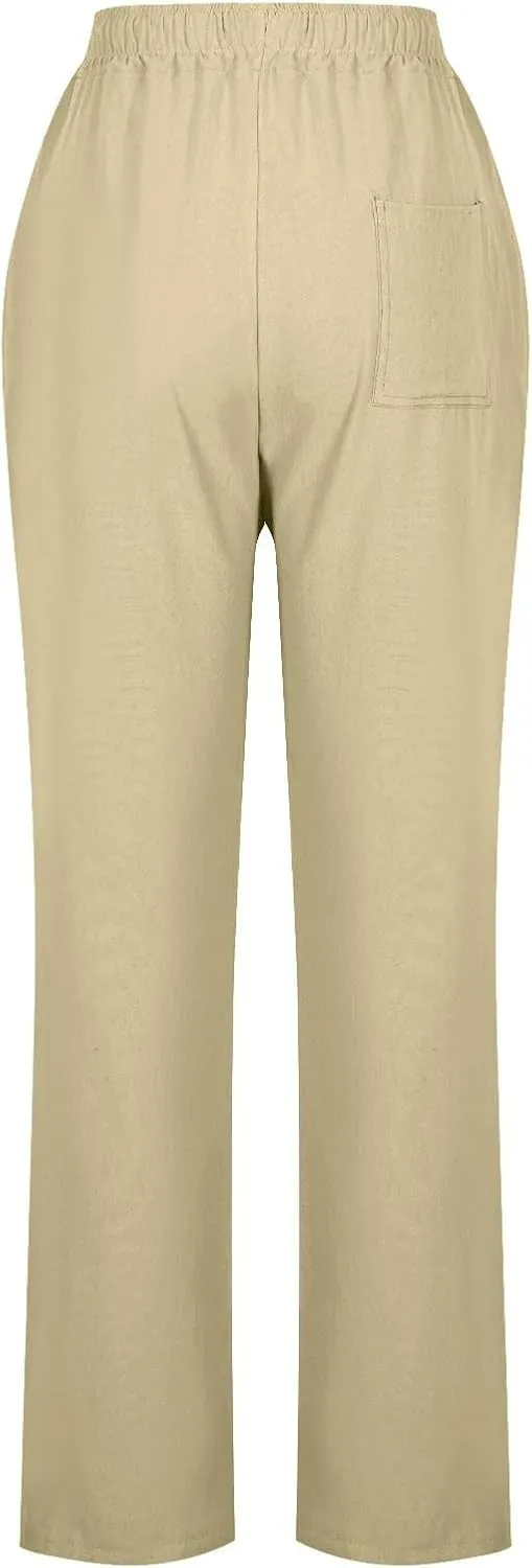 Linen Pants Womens High Waist Drawstring Pant with Pockets Summer Beach Vacation Long Slacks Wide Leg Long Trouser