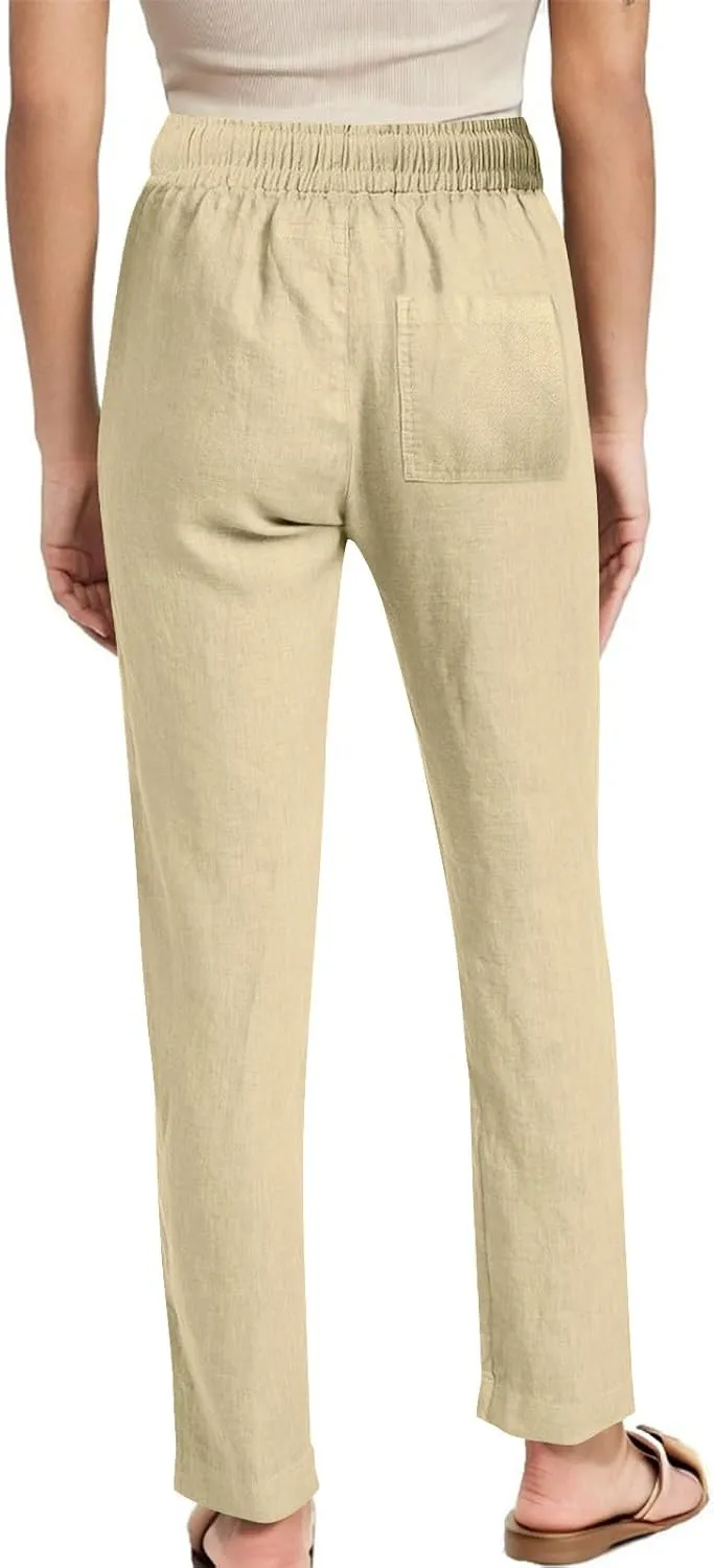 Linen Pants Womens High Waist Drawstring Pant with Pockets Summer Beach Vacation Long Slacks Wide Leg Long Trouser