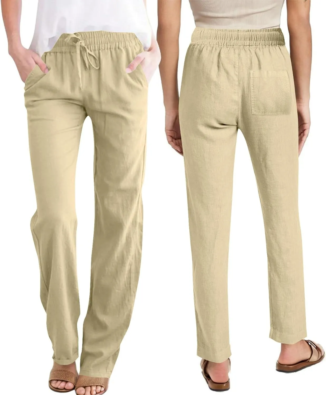 Linen Pants Womens High Waist Drawstring Pant with Pockets Summer Beach Vacation Long Slacks Wide Leg Long Trouser